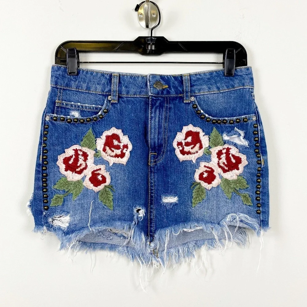 Free People Wild Rose Embroidered Denim Mini Skirt
